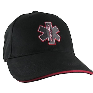 Paramedic EMT EMS Star of Life Embroidery on Adjustable Black Red Line Structured Baseball Cap with Options to Personalize on Two Locations