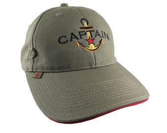 Personalized Captain Star Anchor Embroidery Adjustable Khaki Green Red Structured Fashion Baseball Cap with Options to Personalize Side Back