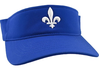 Quebec Style Fleur de Lis 3D Puff White Embroidery on an Adjustable Sporty Stylish Modern Royal Blue Visor Summer Hat