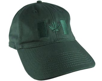 Canadian Flag Forest Green Embroidery Design on a Forest Green Adjustable Unstructured Baseball Cap Dad Hat for a Tone on Tone Fashion Look