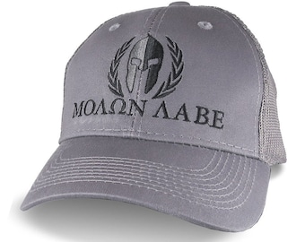 Molon Labe Roman Spartan Warrior Mask in Laurels Black Embroidery on an Adjustable Silver Grey Structured Trucker Style Snapback Ball Cap