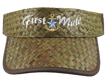 First Mate Nautical Star Golden Anchor Embroidery on an Adjustable Stylish Fashion Olive Green Straw Visor Boating Beach Summer Hat