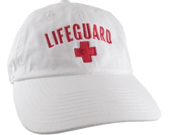 Beach Swimming Pool Lifeguard Red Embroidery on Adjustable White Unstructured Baseball Cap Dad Hat with Option to Personalize the Hat