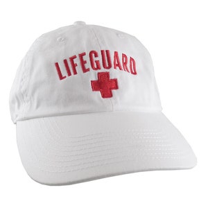 Lifeguard Dad Hat: Red Embroidery, Adjustable White Baseball Cap (Personalizable)