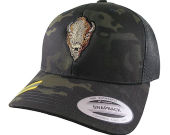 Buffalo Head Embroidery on an Adjustable Black Yupoong Multicam Structured Trucker Style Snap Back Ball Cap