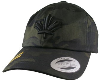 3D Puff Black Maple Leaf Embroidery on Adjustable Black Multicam Unstructured Premium Yupoong Ball Cap + Options Personalize Two Locations