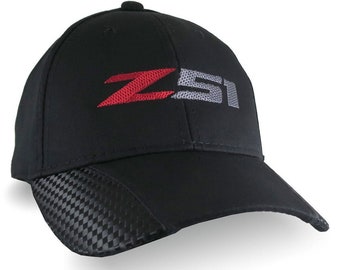 Automotive Z51 Corvette Embroidery on Adjustable Structured Fashion Ball Cap in Black Faux Carbon Fiber Trimmed Cap Personalization Options