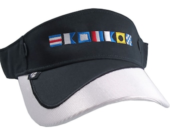 Boat Captain Nautical Flags Embroidery on a Navy Blue and White Visor Adjustable Elegant Fashion Sun Hat