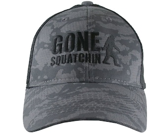 Gone Squatchin Humorous Sasquatch Bigfoot Silhouette Black Embroidery on an Adjustable Urban Camo Structured Trucker Cap