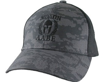 Molon Labe Roman Spartan Warrior Mask in Laurels Black Embroidery on an Adjustable Urban Camo Structured Trucker Style Snapback Ball Cap