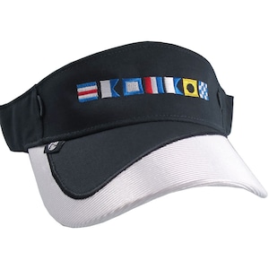 Boat Captain Nautical Flags Embroidery on a Navy Blue and White Visor Adjustable Elegant Fashion Sun Hat