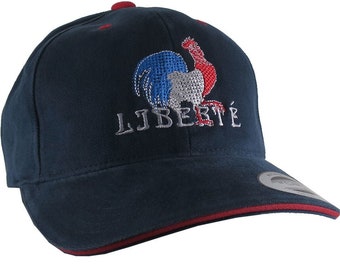 France Liberty Rooster Blue Red White Embroidery on an Adjustable Navy Blue and Red Trim Structured Yupoong Baseball Cap with Options