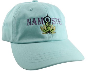 Custom Yoga Pose Om Symbol Lotus Flower Namaste Embroidery on a Turquoise Adjustable Unstructured Dad Hat Style Baseball Cap