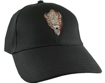 Buffalo Head Embroidery on an Adjustable Black Structured Classic Baseball Cap with Options to Personalize