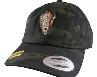 Buffalo Head Embroidery on an Adjustable Black Multicam Yupoong Unstructured Classic Baseball Cap with Options to Personalize