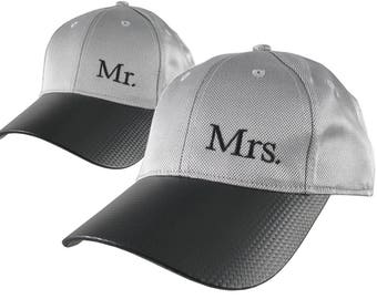 Mr. and Mrs. Duo Newlyweds Husband Wife His Hers Couple Embroidery on 2 Adjustable Soft Structured Silver Baseball Caps + Personalize Option