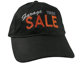 Garage Sale Today Signage Style Design Embroidery on an Adjustable Unstructured Black Casual Baseball Cap