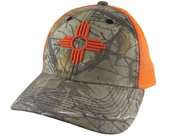 New Mexico State Flag Symbol Orange 3D Puff Raised Embroidery Design on an Adjustable Realtree Camo Structured Classic Trucker Mesh Cap