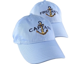 Nautical Star Golden Anchor Captain + First Mate Embroidery 2 Adjustable Baby Blue Unstructured Baseball Caps Options Personalize Both Hats