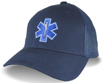 Paramedic EMT EMS Medical Star of Life Embroidery on an Adjustable Navy Blue Soft Structured Trucker Style Classic Mesh Cap