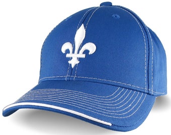 Quebec Style Fleur de Lis 3D Puff White Raised Embroidery on an Adjustable Royal Blue Structured Classic Style Baseball Cap with Options