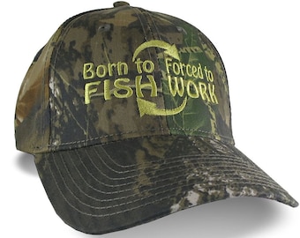 Born to Fish Forced to Work Embroidery on Adjustable Structured Green Woodsman Camouflage Classic Profile Baseball Cap Personalized Options