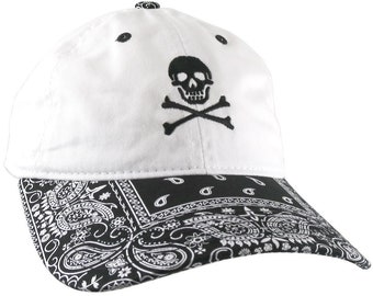 Crossbones Skull Pirate Embroidery on a Black and White Bandanna Adjustable Unstructured Baseball Cap Dad Hat with Options to Personalize
