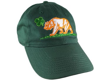 St-Patrick's Irish Flag California Bear Embroidery on Adjustable Forest Green Unstructured Baseball Cap with Option to Personalize the Back
