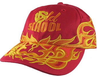 DJ Old School Embroidery on an Adjustable Pinstripe Tribal Racing Flames Soft Structured Fashion Red Baseball Cap