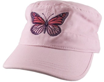 Custom Pink Monarch Butterfly Embroidery on an Adjustable Unstructured Pink Cadet Style Fashion Cap