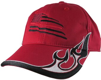 Black US Flag Thin Red Line Firefighter Embroidery on an Adjustable Red Structured Racing Flames Baseball Cap with Options to Personalize