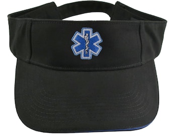 Paramedic Blue Star of Life Caduceus EMT EMS Embroidery on an Adjustable Black Brushed Cotton Visor Summer Hat Trimmed in Blue