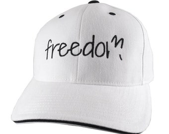 Freedom Typography Embroidery on an Adjustable White and Black Soft Structured Yupoong Baseball Cap