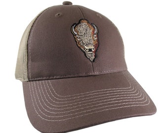 Buffalo Head Embroidery on an Adjustable Brown Structured Trucker Style Snap Back Ball Cap