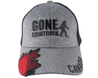 Gone Squatchin Sasquatch Bigfoot Canada Embroidery and Buffalo Check Plaid on Adjustable Heather Grey and Black Trucker Style Baseball Cap