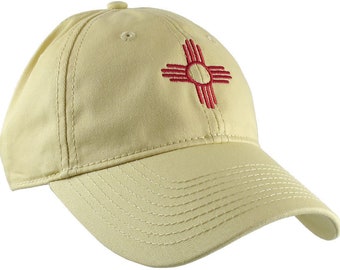 New Mexico State Flag Symbol Red Embroidery Design on an Adjustable Retro Yellow Unstructured Classic Baseball Cap Dad Hat