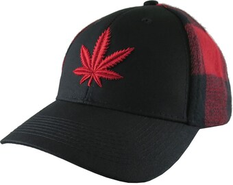 Red Cannabis Marijuana Leaf 3D Puff Embroidery on an All Season Adjustable Black and Buffalo Check Red Plaid Full Fit Classic Baseball Cap