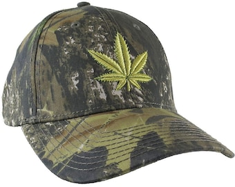 Cannabis Pot Leaf 3D Puff Raised Embroidery on an Adjustable Woodsman Green Camo Baseball Cap with Options to Personalize