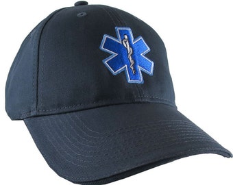 Paramedic EMT EMS Star of Life Embroidery on Adjustable Navy Blue Structured Premium Baseball Cap with Options to Personalize Two Locations