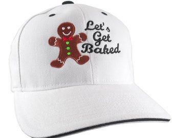 Let's Get Baked Gingerbread Cookie Embroidery on Adjustable White and Black Soft Structured Yupoong Baseball Cap with Options to Personalize