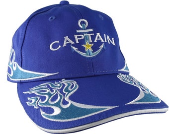 Nautical Star Blue Anchor Power Boat Captain Embroidery on an Adjustable Royal Blue Structured Flames Baseball Cap +Personalized Back Option