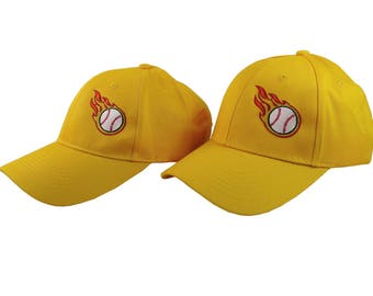A Pair of Sporty Softball Fire Bullets Embroidery Designs on 2 Sun Yellow Adjustable Structured Baseball Caps for Adult + for Child Age 6-12