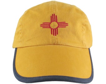 New Mexico State Flag Symbol Red Embroidery Design on an Adjustable Mango Yellow Unstructured Classic Low Profile Polo Style Cap