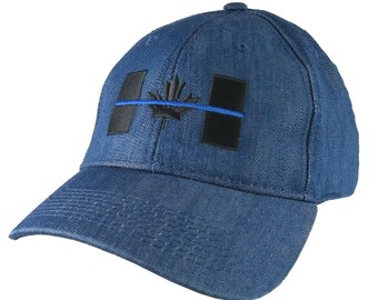 A Canadian Thin Blue Line Symbolic Black and Royal Blue Embroidery on an Adjustable Blue Denim Structured Adjustable Fashion Baseball Cap