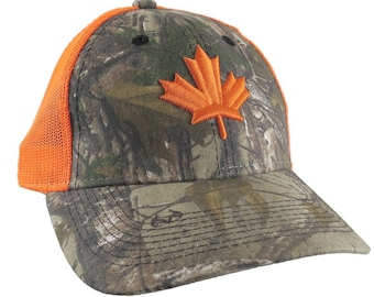 Canadian Maple Leaf 3D Puff Embroidery Canada Flag on an Adjustable Realtree Camo Structured Truckers Style Safety Orange Snapback Ball Cap