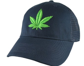 Cannabis Pot Marijuana Leaf 3D Puff Bud Green Embroidery on an Adjustable Navy Blue Soft Structured Trucker Style Classic Cap