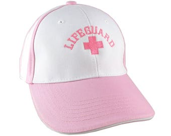 Beach Swimming Pool Lifeguard Pink Embroidery on Adjustable Pink and White Structured Baseball Cap