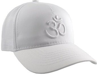 Yoga Om Symbol 3D Puff White Embroidery on an Adjustable White Structured Trucker Style Snap-back Ponytail Baseball Cap