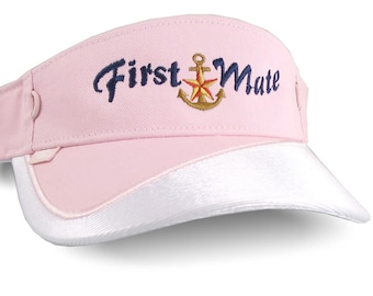 First Mate Nautical Star Boat Anchor Embroidery on a Pink and White Adjustable Visor Cap Elegant Fashion Sun Hat