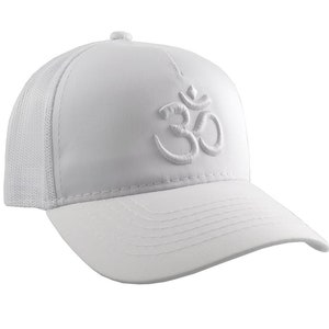 Yoga Om Symbol 3D Puff White Embroidery on an Adjustable White Structured Trucker Style Snap-back Ponytail Baseball Cap